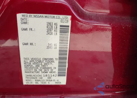 2019 Nissan Altima 2.5 Sr from USA, damaged, VIN 1N4BL4CV2KC185142